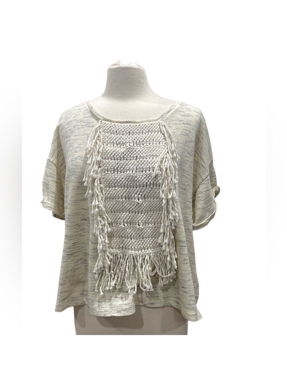 Anthropologie Corey Lynn Calter Boho Macrame Front Short Sleeve Top Cream Grey M